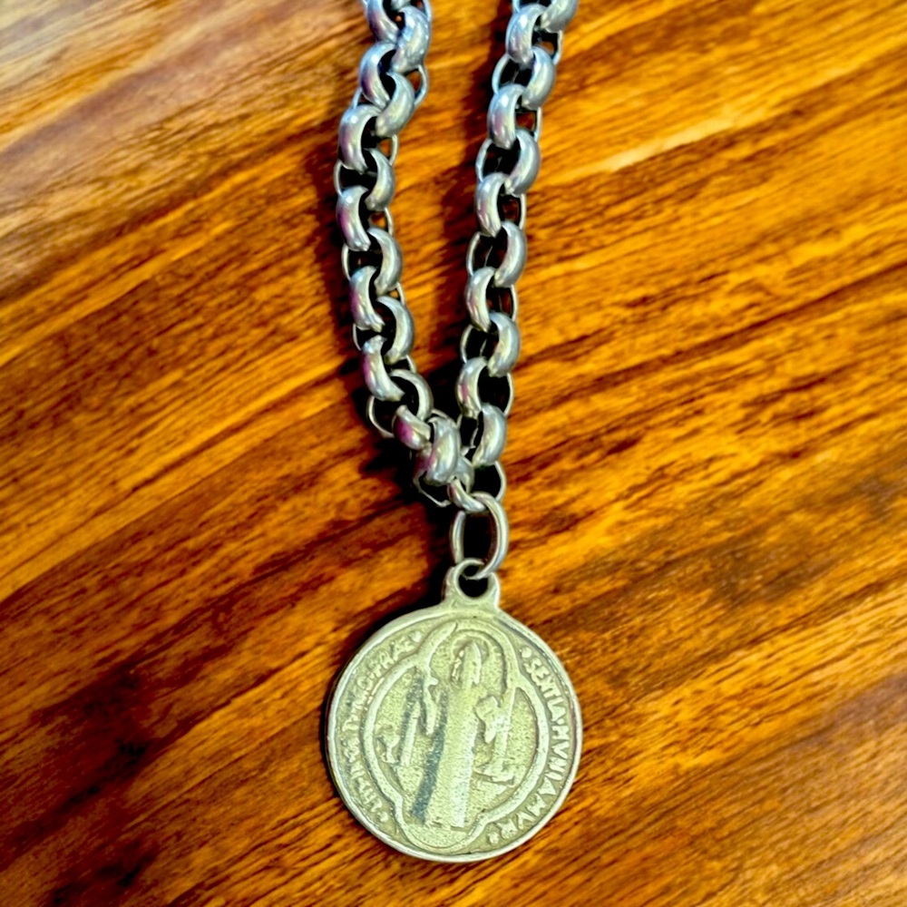 950 Silver Religious Saint Benedict Medal Medallion Chain Bracelet, 7.5 inches